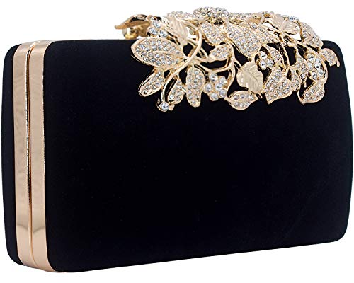 Dexmay Velvet Women Clutch Evening Bag with Rhinestone Crystal Flower Clasp Formal Purse for Party Black