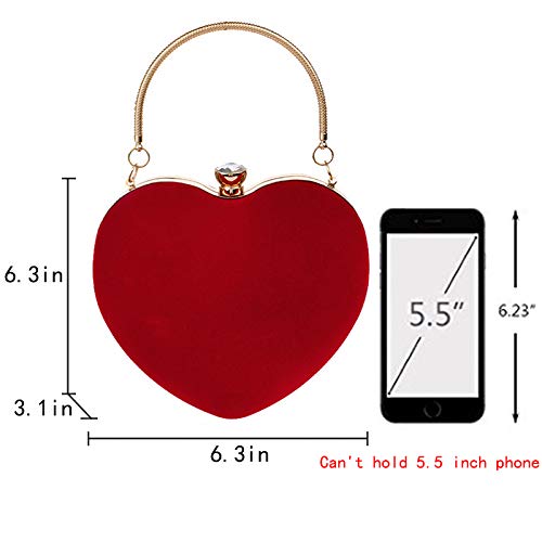 LABANCA Women Ladies Heart Shape Handbag Clutch Suede Party Bag Solid Evening Bag Velvet Chain Shoulder Bag Red