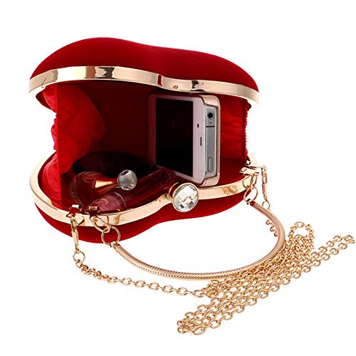 LABANCA Women Ladies Heart Shape Handbag Clutch Suede Party Bag Solid Evening Bag Velvet Chain Shoulder Bag Red