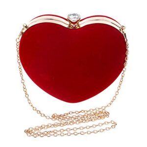 LABANCA Women Ladies Heart Shape Handbag Clutch Suede Party Bag Solid Evening Bag Velvet Chain Shoulder Bag Red