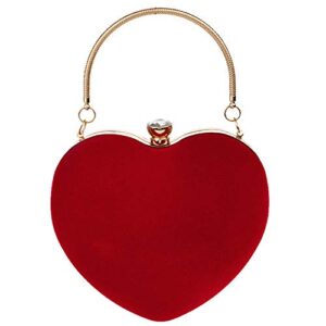 LABANCA Women Ladies Heart Shape Handbag Clutch Suede Party Bag Solid Evening Bag Velvet Chain Shoulder Bag Red
