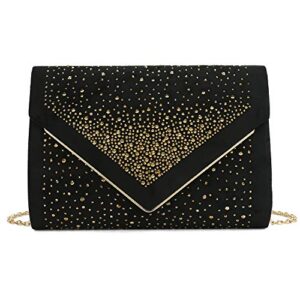 charming tailor envelope purse formal faux suede clutch rhinestone evening bag for women party handbag (black/gold)
