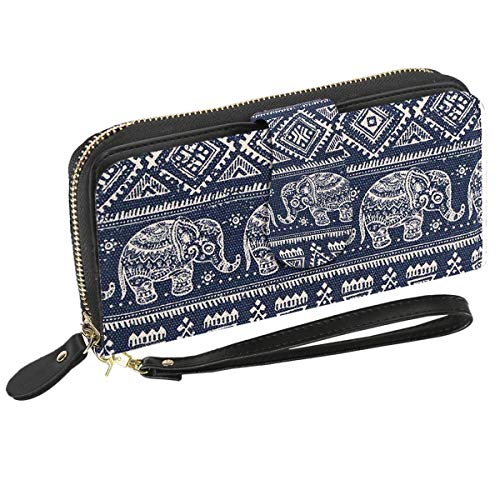 LATH.PIN Bohemian Purse Wallet Canvas Elephant Pattern Handbag with Coin Pocket and Strap (Blue, Large)