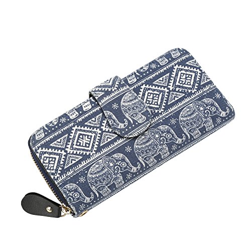 LATH.PIN Bohemian Purse Wallet Canvas Elephant Pattern Handbag with Coin Pocket and Strap (Blue, Large)