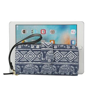 LATH.PIN Bohemian Purse Wallet Canvas Elephant Pattern Handbag with Coin Pocket and Strap (Blue, Large)