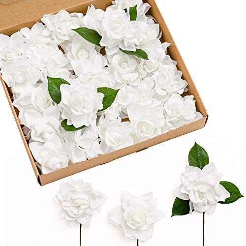 Ling's Moment Artificial Flowers White Gardenia Fake Flowers 2.7" 25 pcs w/Stem for DIY Wedding Bouquets Boutonnieres