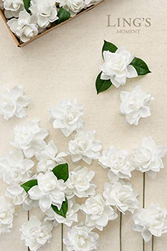 Ling's Moment Artificial Flowers White Gardenia Fake Flowers 2.7" 25 pcs w/Stem for DIY Wedding Bouquets Boutonnieres