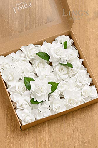 Ling's Moment Artificial Flowers White Gardenia Fake Flowers 2.7" 25 pcs w/Stem for DIY Wedding Bouquets Boutonnieres