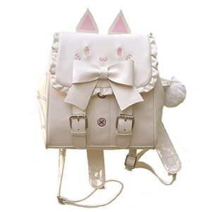 lolita backpack for women kawaii cat embroidery big bowknot sweet cartoon bag (white, one_size)