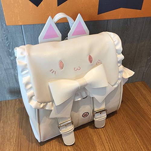 Lolita Backpack for Women Kawaii Cat Embroidery Big Bowknot Sweet Cartoon Bag (White, One_Size)