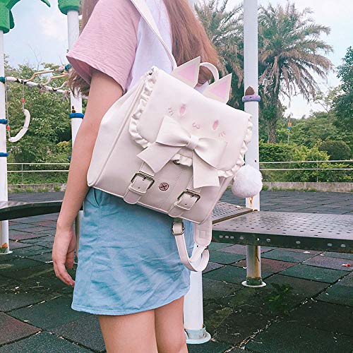 Lolita Backpack for Women Kawaii Cat Embroidery Big Bowknot Sweet Cartoon Bag (White, One_Size)