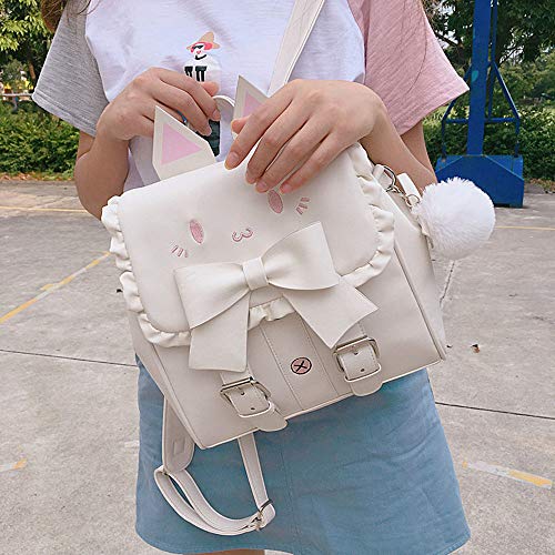 Lolita Backpack for Women Kawaii Cat Embroidery Big Bowknot Sweet Cartoon Bag (White, One_Size)