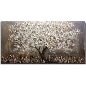 boiee art,24x48inch textured hand painted canvas paintings silver leaves abstract tree 3d oil paintings landscape artwork modern home decor wall art wood inside framed hanging wall décor