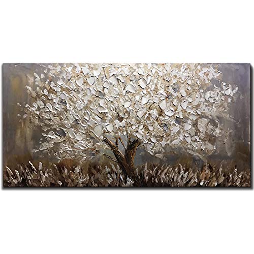 Boiee Art,24x48Inch Textured Hand Painted Canvas Paintings Silver Leaves Abstract Tree 3D Oil Paintings Landscape Artwork Modern Home Decor Wall Art Wood Inside Framed Hanging Wall Décor