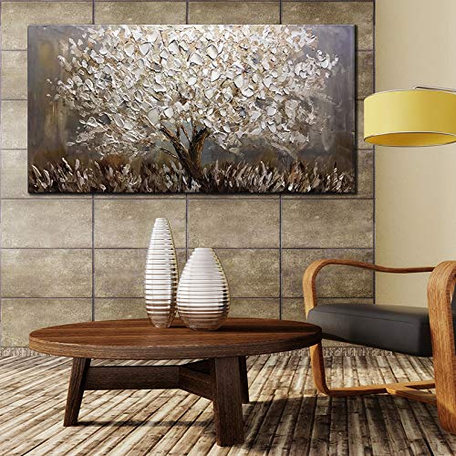 Boiee Art,24x48Inch Textured Hand Painted Canvas Paintings Silver Leaves Abstract Tree 3D Oil Paintings Landscape Artwork Modern Home Decor Wall Art Wood Inside Framed Hanging Wall Décor