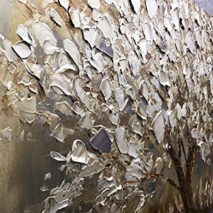 Boiee Art,24x48Inch Textured Hand Painted Canvas Paintings Silver Leaves Abstract Tree 3D Oil Paintings Landscape Artwork Modern Home Decor Wall Art Wood Inside Framed Hanging Wall Décor