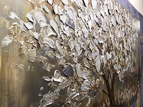 Boiee Art,24x48Inch Textured Hand Painted Canvas Paintings Silver Leaves Abstract Tree 3D Oil Paintings Landscape Artwork Modern Home Decor Wall Art Wood Inside Framed Hanging Wall Décor