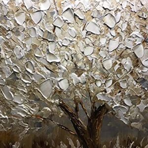 Boiee Art,24x48Inch Textured Hand Painted Canvas Paintings Silver Leaves Abstract Tree 3D Oil Paintings Landscape Artwork Modern Home Decor Wall Art Wood Inside Framed Hanging Wall Décor