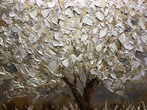 Boiee Art,24x48Inch Textured Hand Painted Canvas Paintings Silver Leaves Abstract Tree 3D Oil Paintings Landscape Artwork Modern Home Decor Wall Art Wood Inside Framed Hanging Wall Décor