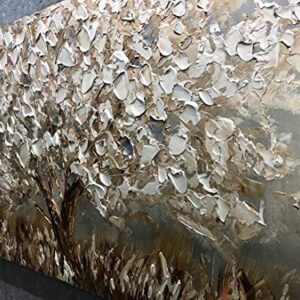 Boiee Art,24x48Inch Textured Hand Painted Canvas Paintings Silver Leaves Abstract Tree 3D Oil Paintings Landscape Artwork Modern Home Decor Wall Art Wood Inside Framed Hanging Wall Décor