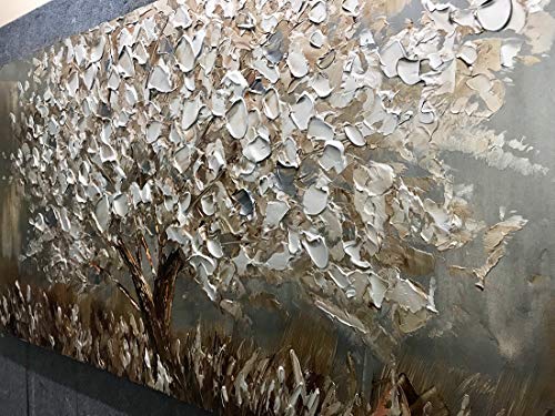 Boiee Art,24x48Inch Textured Hand Painted Canvas Paintings Silver Leaves Abstract Tree 3D Oil Paintings Landscape Artwork Modern Home Decor Wall Art Wood Inside Framed Hanging Wall Décor