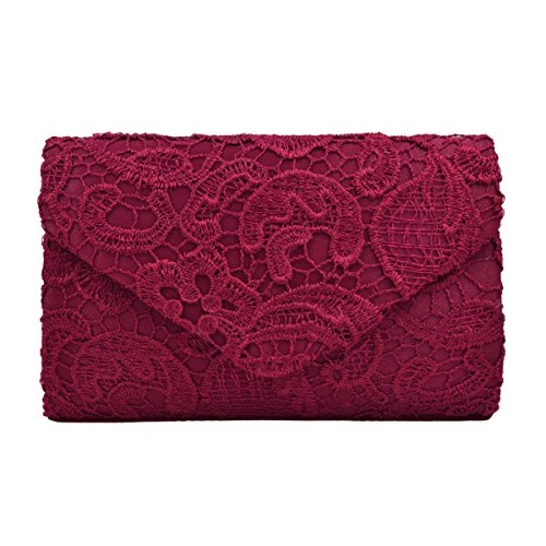 Lace Paisley Floral Fabric Satin Envelope Flap Clutch Evening Bag, Burgundy One Size