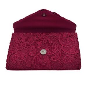 Lace Paisley Floral Fabric Satin Envelope Flap Clutch Evening Bag, Burgundy One Size