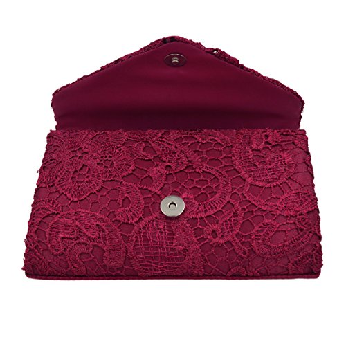 Lace Paisley Floral Fabric Satin Envelope Flap Clutch Evening Bag, Burgundy One Size