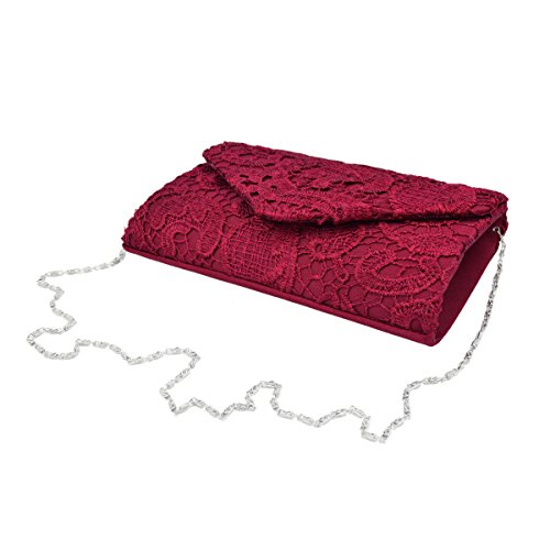 Lace Paisley Floral Fabric Satin Envelope Flap Clutch Evening Bag, Burgundy One Size