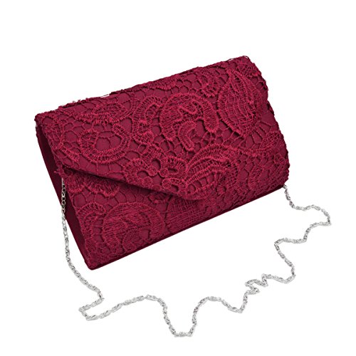 Lace Paisley Floral Fabric Satin Envelope Flap Clutch Evening Bag, Burgundy One Size