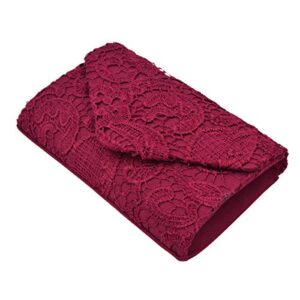 Lace Paisley Floral Fabric Satin Envelope Flap Clutch Evening Bag, Burgundy One Size