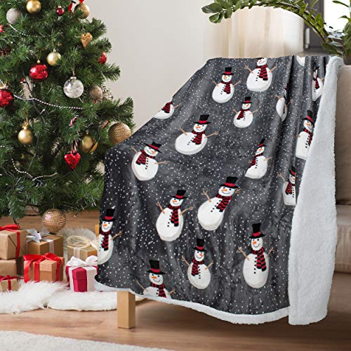 Christmas Throw Sherpa Blanket 50" x 60" Snow Man Pattern, Super Soft Fluffy Sherpa Throw TV Blanket Decorative Blanket for Bed Couch Holidays Grey