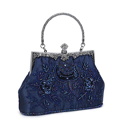 UBORSE Women's Embroidered Beaded Clutch Bag Sequin Evening Navy Blue Large Wedding Party Purse Vintage Bags