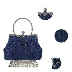 UBORSE Women's Embroidered Beaded Clutch Bag Sequin Evening Navy Blue Large Wedding Party Purse Vintage Bags