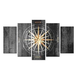 zlove 5 pieces vintage grey and gold canvas wall art nautical compass directions painted on wood design giclee print gallery wrap for modern home office bedroom decoration ready to hang