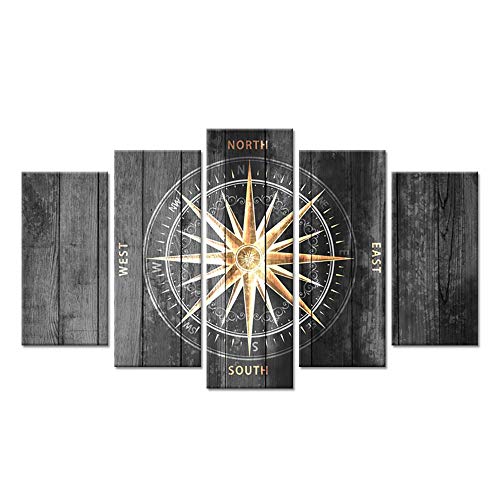 Zlove 5 Pieces Vintage Grey and Gold Canvas Wall Art Nautical Compass Directions Painted on Wood Design Giclee Print Gallery Wrap For Modern Home Office Bedroom Decoration Ready to Hang