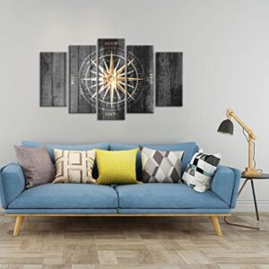 Zlove 5 Pieces Vintage Grey and Gold Canvas Wall Art Nautical Compass Directions Painted on Wood Design Giclee Print Gallery Wrap For Modern Home Office Bedroom Decoration Ready to Hang