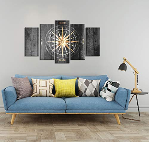Zlove 5 Pieces Vintage Grey and Gold Canvas Wall Art Nautical Compass Directions Painted on Wood Design Giclee Print Gallery Wrap For Modern Home Office Bedroom Decoration Ready to Hang