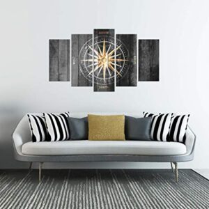 Zlove 5 Pieces Vintage Grey and Gold Canvas Wall Art Nautical Compass Directions Painted on Wood Design Giclee Print Gallery Wrap For Modern Home Office Bedroom Decoration Ready to Hang