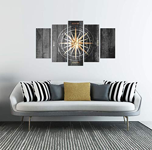 Zlove 5 Pieces Vintage Grey and Gold Canvas Wall Art Nautical Compass Directions Painted on Wood Design Giclee Print Gallery Wrap For Modern Home Office Bedroom Decoration Ready to Hang