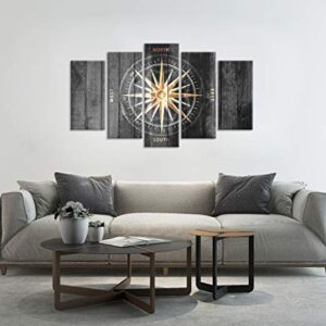 Zlove 5 Pieces Vintage Grey and Gold Canvas Wall Art Nautical Compass Directions Painted on Wood Design Giclee Print Gallery Wrap For Modern Home Office Bedroom Decoration Ready to Hang