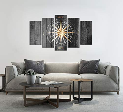 Zlove 5 Pieces Vintage Grey and Gold Canvas Wall Art Nautical Compass Directions Painted on Wood Design Giclee Print Gallery Wrap For Modern Home Office Bedroom Decoration Ready to Hang