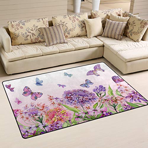 ZZAEO Purple Flowers and Butterfly Area Rug Polyester Soft Carpet Anti-Slip Floor Mat Rugs for Living Room Dorm Bedroom Home Decor - 60 x 39 inch