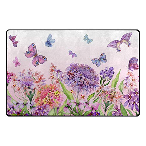 ZZAEO Purple Flowers and Butterfly Area Rug Polyester Soft Carpet Anti-Slip Floor Mat Rugs for Living Room Dorm Bedroom Home Decor - 60 x 39 inch