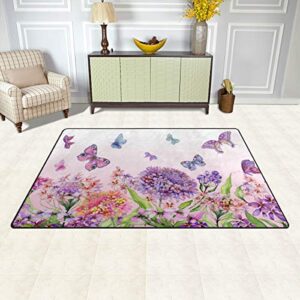 ZZAEO Purple Flowers and Butterfly Area Rug Polyester Soft Carpet Anti-Slip Floor Mat Rugs for Living Room Dorm Bedroom Home Decor - 60 x 39 inch