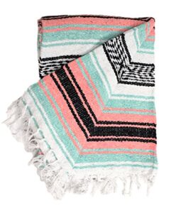 open road goods teal and coral mexican blanket – authentic mexican falsa serape – great yoga blanket, beach blanket, picnic blanket, or mexican style home throw! handwoven (mint and peach)