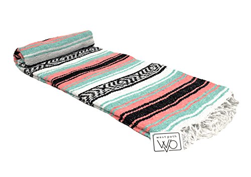 Open Road Goods Teal and Coral Mexican Blanket - Authentic Mexican Falsa Serape - Great Yoga Blanket, Beach Blanket, Picnic Blanket, or Mexican Style Home Throw! Handwoven (Mint and Peach)