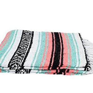 Open Road Goods Teal and Coral Mexican Blanket - Authentic Mexican Falsa Serape - Great Yoga Blanket, Beach Blanket, Picnic Blanket, or Mexican Style Home Throw! Handwoven (Mint and Peach)