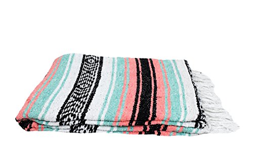 Open Road Goods Teal and Coral Mexican Blanket - Authentic Mexican Falsa Serape - Great Yoga Blanket, Beach Blanket, Picnic Blanket, or Mexican Style Home Throw! Handwoven (Mint and Peach)