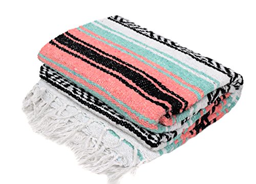 Open Road Goods Teal and Coral Mexican Blanket - Authentic Mexican Falsa Serape - Great Yoga Blanket, Beach Blanket, Picnic Blanket, or Mexican Style Home Throw! Handwoven (Mint and Peach)